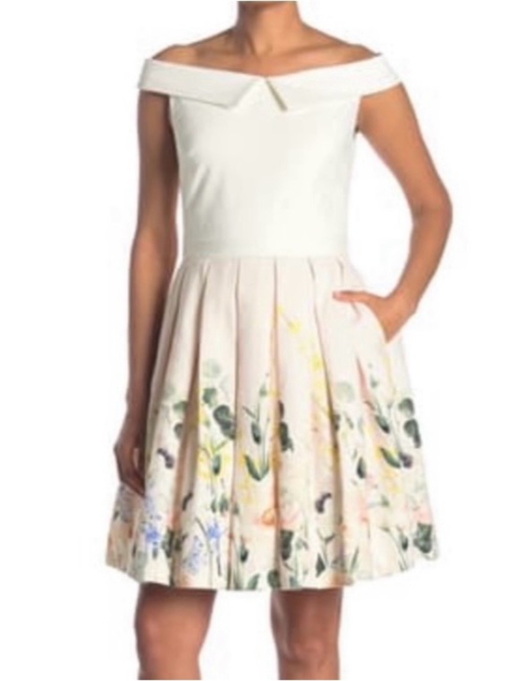 NWT Ted Baker White Off-Shoulder Dress with Pastel Floral Skirt